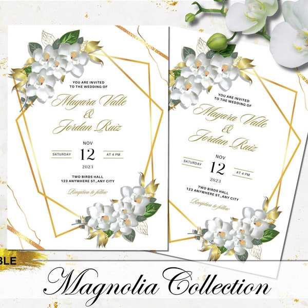 Geometric Modern Wedding Invitation Template, White and Gold with Magnolia Flowers. Spring Theme.