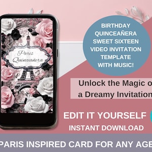 Paris Themed Animated Invitation Eiffel Tower Quinceañera & Birthday Digital Card Elegant Paris Party Invite Sweet Sixteen