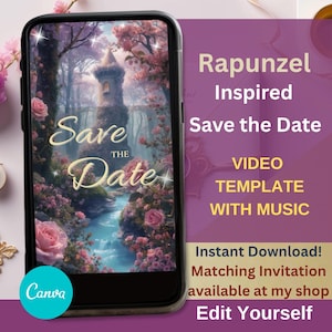 Puede incluir: Un smartphone muestra un diseño de "Save the Date" inspirado en Rapunzel. La imagen presenta un castillo de cuento de hadas, un río y flores rosas. El texto en el teléfono dice "Save the Date".