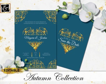 Dark Teal and Gold Wedding Invitation Template, Printable Wedding Invite, Elegant Wedding Invitation Template, Easy to Use, DIY Wedding