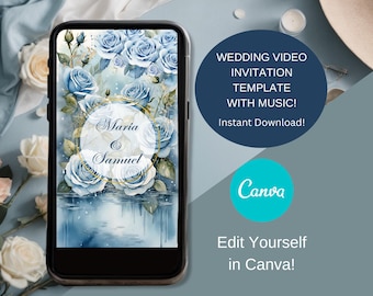 Puede incluir: La pantalla de un teléfono inteligente muestra una plantilla de invitación de video de boda con un fondo de acuarela azul con rosas y el texto "Maria & Samuel". El texto "WEDDING VIDEO INVITATION TEMPLATE WITH MUSIC! Instant Download! Canva Edit Yourself in Canva!" se muestra en la pantalla.