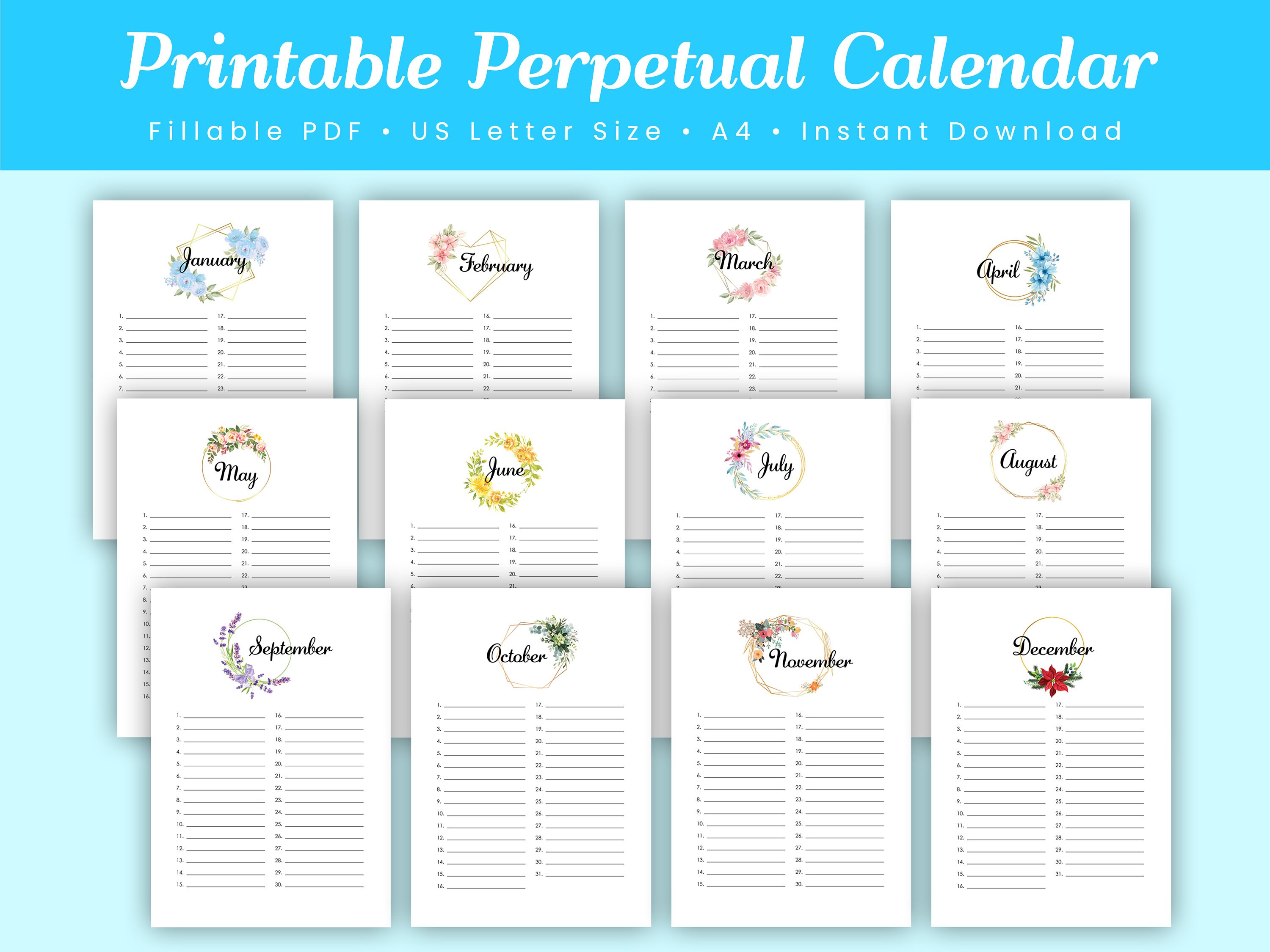 Printable Perpetual Calendar Perpetual Birthday Calendar - Etsy