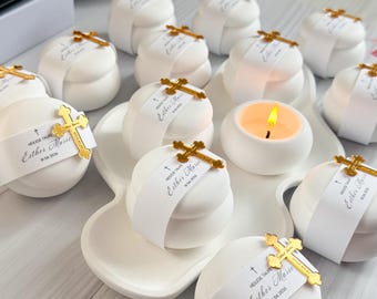 Personalisierte Taufkerze für Gäste, Elegantes Goldkreuz Taufgeschenk, Erste Heilige Kommunion Sojawachskerze