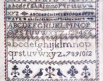 May include: A framed antique sampler with embroidered letters, numbers, and decorative elements. The sampler features uppercase and lowercase alphabets, numbers, and decorative motifs, including birds and floral designs. The text "Hannah Mary Ripley, Whitby 1847" is also included.