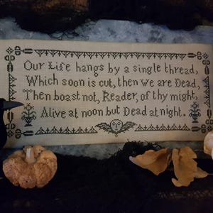 Può includere: Un ricamo a punto croce in bianco e nero con il testo "Our Life hangs by a single thread, Which soon is cut, then we are Dead, Then boast not, Reader, of thy might, Alive at noon but Dead at night."