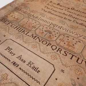 Norfolk Sampler, Mary Ann Kittle, 1813, antique reproduction sampler pdf pattern in cross stitch