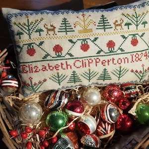 Christmas Cross stitch pattern - Elizabeth Clipperton sampler cushion 1824