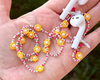 Catena per AirPods con perline a forma di margherita, catena per occhiali, porta auricolari floreale