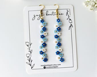 Blue Daisy Beaded Dangle Earrings: Handmade Floral Jewelry