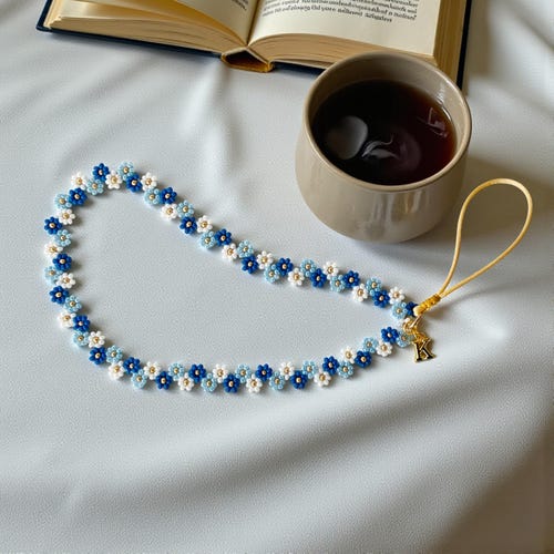 Handmade Daisy Beaded Phone Chain: Personalized Letter Charm