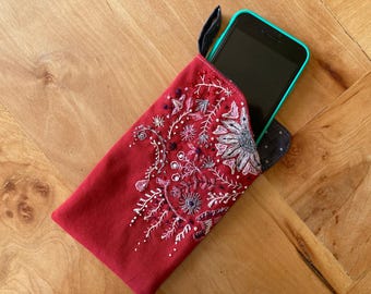 Handmade Red Embroidered Glasses Case: Boho Floral Phone Pouch