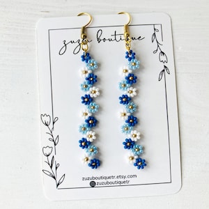 Blue Daisy Chain Dangle Earrings, Beaded Daisy Earring, Daisy Jewelry, Gift For Her, Dangle Earrings, Daisy Beaded Earring, Handmade Earring