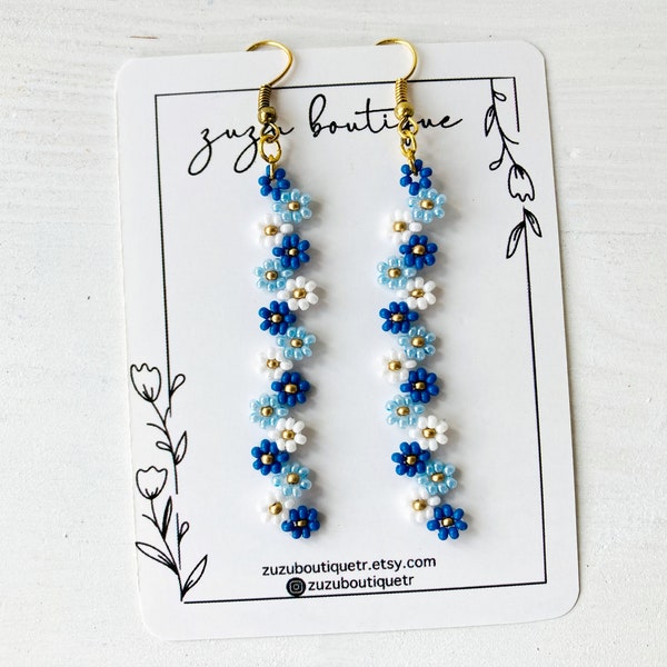 Blue Daisy Chain Dangle Earrings, Beaded Daisy Earring, Daisy Jewelry, Gift For Her, Dangle Earrings, Daisy Beaded Earring, Handmade Earring