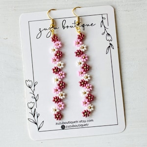 Pink Daisy Chain Dangle Earrings, Daisy Beaded Earring, Beaded Daisy Earring, Daisy Jewelry, Gift For Her, Dangle Earrings, Handmade Earring