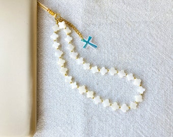 Pearl Bead Phone Charm With Cross, Phone Strap With Cross, White Pearl Phone Chain, Pearl Daisy Chain, Gift For Her, Bridesmaid Gift