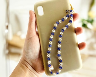 Personalized Daisy Bead Phone Strap: Initial Charm, Glass Beads