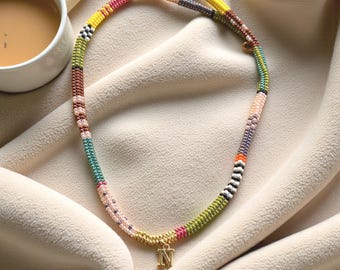 Personalized Beaded Choker: Colorful Boho Seed Beads, Initial Necklace, Pendant Necklaces