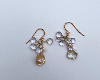 Keshi pearl and pink amethyst  rondelle drop earrings