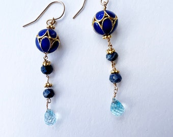 Cloisonné, Sapphire and blue topaz earrings