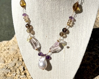 Topaz, amethyst and baroque pearl necklace