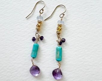 Turquoise and amethyst drop earrings