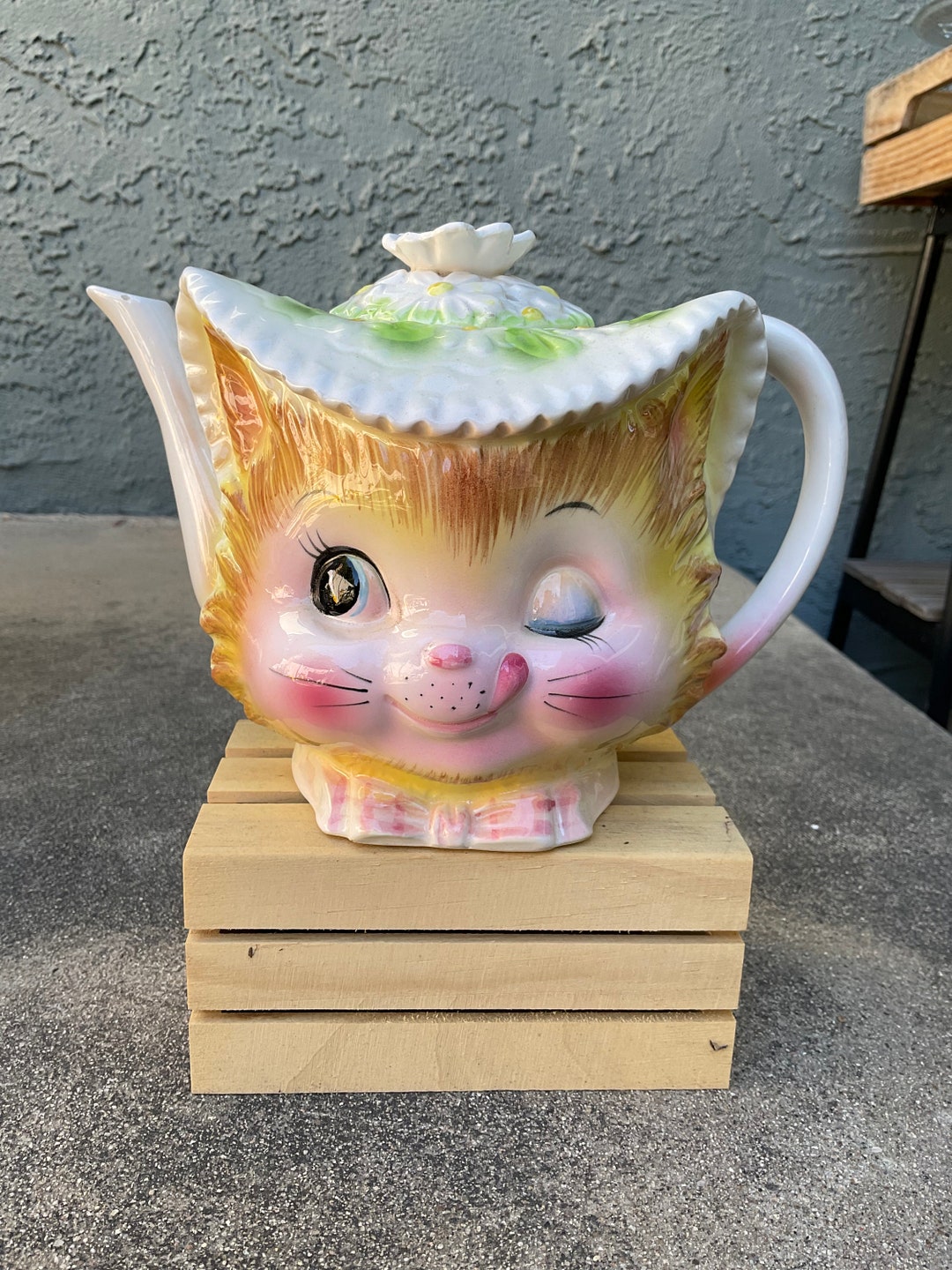 Vintage Enesco Yellow Winking Kitty Teapot Etsy
