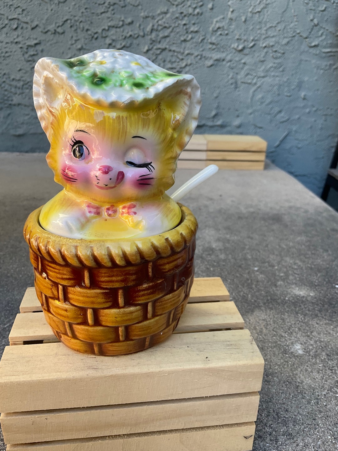 Enesco Yellow Winking Kitty Jam Jar With Spoon Etsy