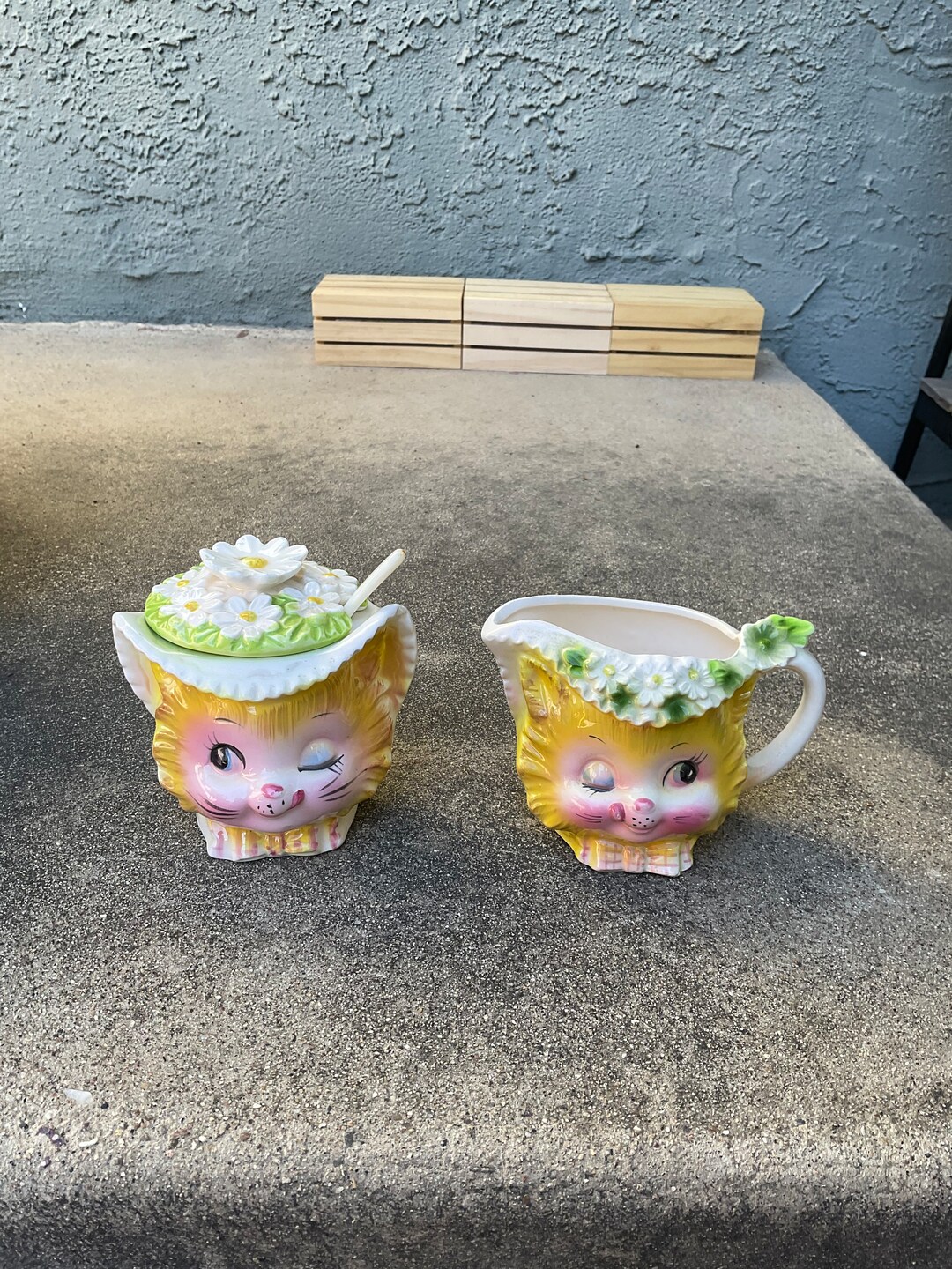 Vintage Enesco Yellow Winking Kitty Cremer and Sugar Set Etsy