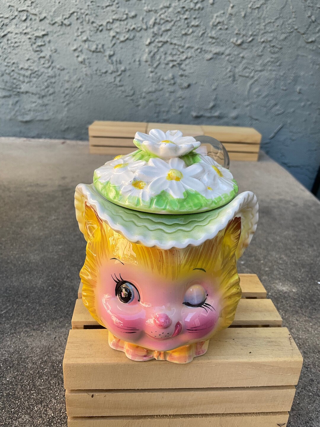 Enesco Yellow Winking Kitty Coffee Jar With Spoon Etsy