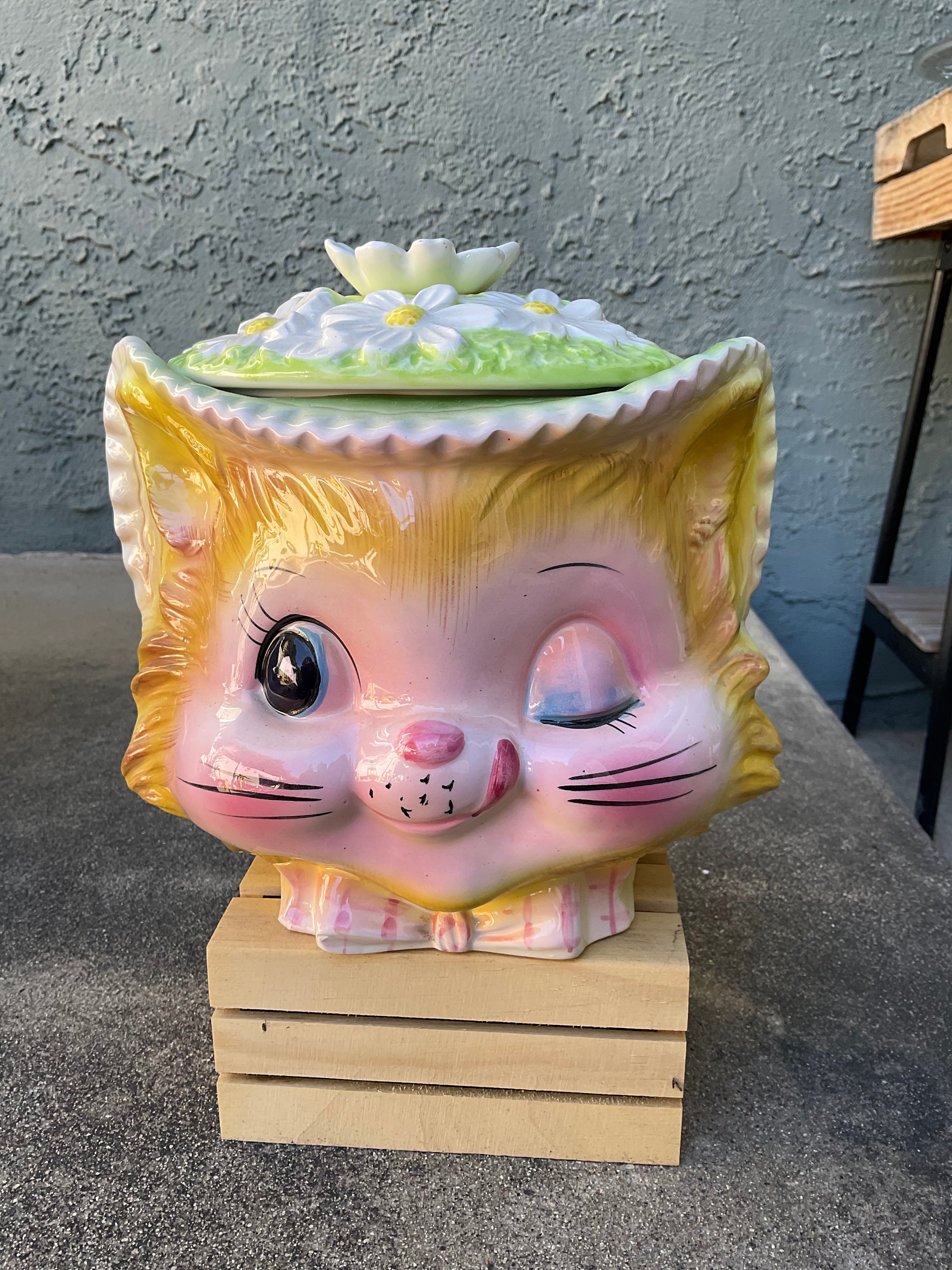 Vintage Enesco Yellow Winking Kitty Cookie Jar Etsy