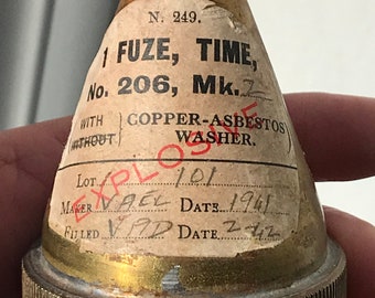 WW2 waterproof transit cap for RN fuse no206, mk2 paper label attached to cap