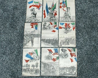 May include: Nine vintage postcards with illustrations of soldiers, flags, and women. The postcards feature flags of various nations, including the United Kingdom, Italy, and France. The illustrations are in black and white.