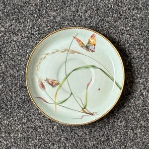 May include: A round porcelain saucer with a pale green background and a gold-trimmed edge. The surface features a delicate illustration of two butterflies, one with orange and brown wings, alongside stalks of wheat and long green grass blades.