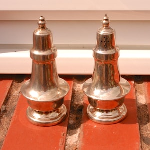 May include: Two silver-coloured salt and pepper shakers with a classic design. Each shaker has a bulbous base, a flared midsection, and a decorative top. One shaker has holes for pepper. They are displayed on a red brick surface.