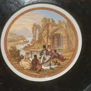 Antique Prattware Plaque The Picnic in black round wall hanging frame 5.5 inches