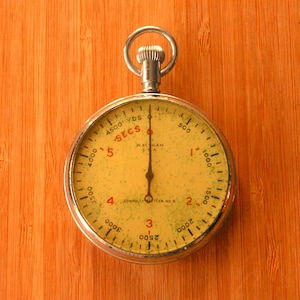 May include: A vintage stopwatch with a yellow face and black hands, marked in seconds and yards. The stopwatch has a silver metal casing and a winding crown. The face displays the text "WALTHAM USA" and "ADMIRALTY PATTERN NO. 6".