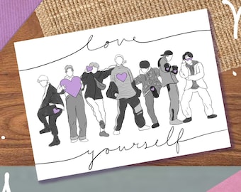 May include: A black and white line drawing of a group of seven people holding purple hearts. The text "love yourself" is written in cursive below the people.