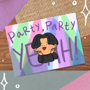 Tarjeta/impresión con el mensaje "Sí, fiesta de Jungkook", linda