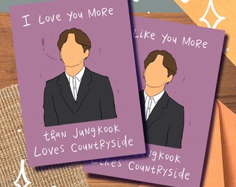 May include: Two purple cards with a cartoon illustration of a person in a suit. The text on the cards reads "I Love You More than Jung Kook Loves Countryside" and "Like You More than Jung Kook Likes Countryside".