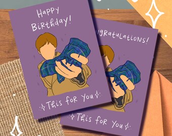 May include: Two purple greeting cards with a cartoon illustration of a person holding a plaid fabric. The text on the cards reads "Happy Birthday! This for you" and "Congratulations! This for you".