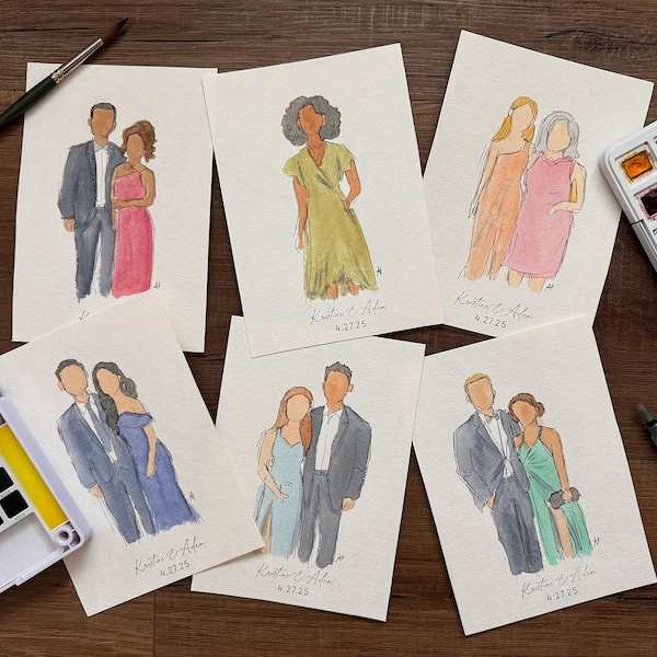 Custom Watercolor Portrait Paintings - Faceless, Sketch, No Background, People or Pets Dogs Cats