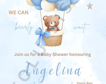 Blaue Babyparty einladen, Teddybär, Pastell-Blues, Boho-Thema, bearbeitbar auf Canva