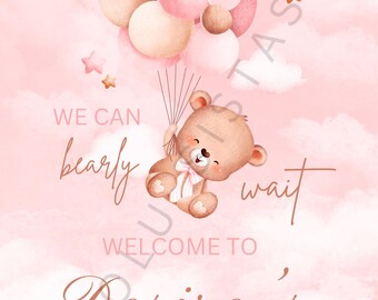 Rosa Baby Shower Willkommensschild, Teddybär-Thema, Boho-Farben, Baby Girl, bearbeitbar auf Leinwand