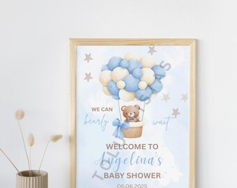 Blaues Babyparty-Willkommensschild, Teddybär-Thema, Boho, Pastellfarben, bearbeitbar auf Leinwand
