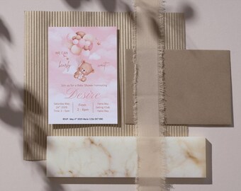 Rosa Baby Shower Einladung, Teddybär, Pastell Pinks / Boho auf Leinwand editierbar
