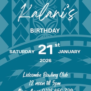 Può includere: Invito di compleanno turchese con testo bianco. L'invito recita "Sei invitato/a al compleanno di Kalani" e include la data: sabato 21 gennaio 2026. L'evento si terrà al Lidcombe Bowling Club.
