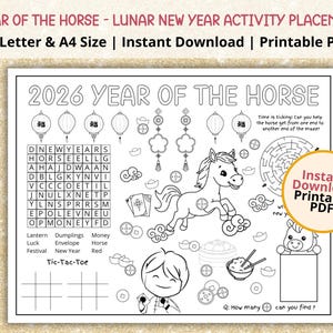 2026 Lunar New Year Placemat | Year of the Horse | Printable Coloring Placemat for Kids | Chinese New Year Kids Coloring Page Activities image 1