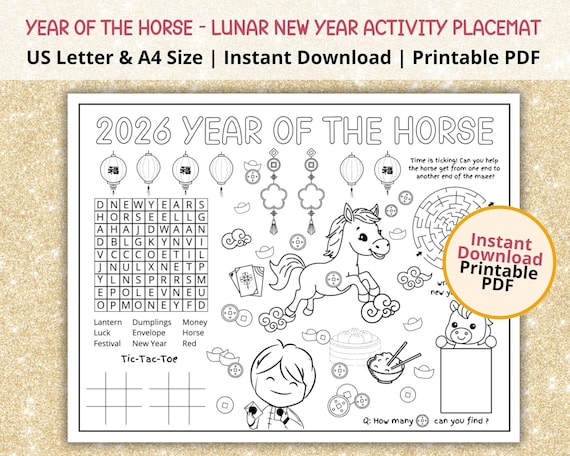 2026 Lunar New Year Placemat | Year of the Horse | Printable Coloring Placemat for Kids | Chinese New Year Kids Coloring Page Activities