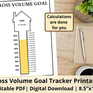 May include: A printable gross volume goal tracker with a house graphic and a yellow bar representing progress towards a goal of $100,000. The tracker includes a scale from 10% to 100% with corresponding dollar amounts. The text "Calculations are done for you" is included in a brown box.
