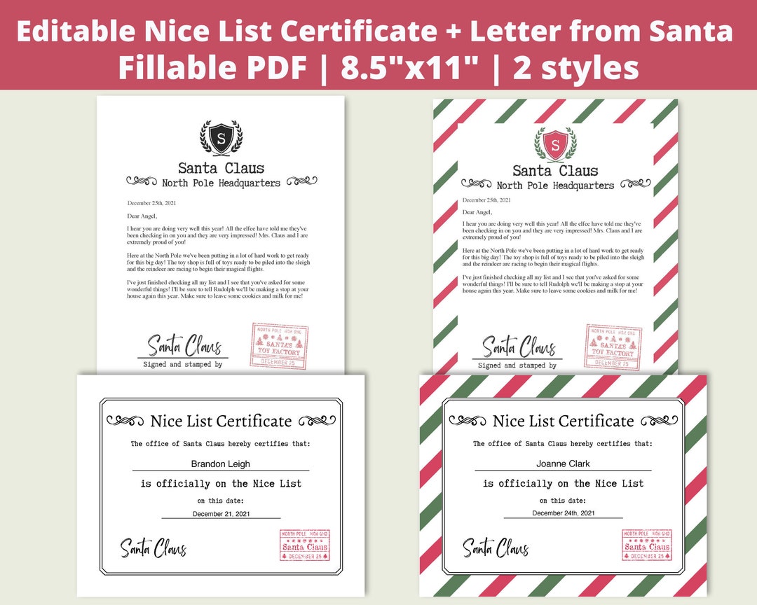 Editable Letter From Santa | Editable Nice List Certificate | Letter ...